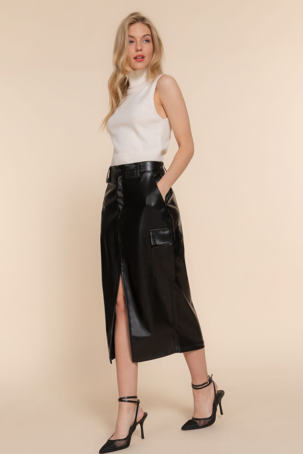 Thumbnail: Faux Leather Midi Cargo Skirt