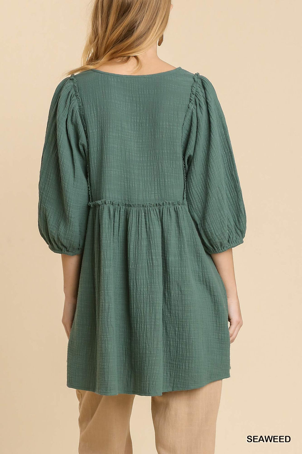 Thumbnail: Gauze Slub V-neck Frayed Edge Detail Tunic Dress