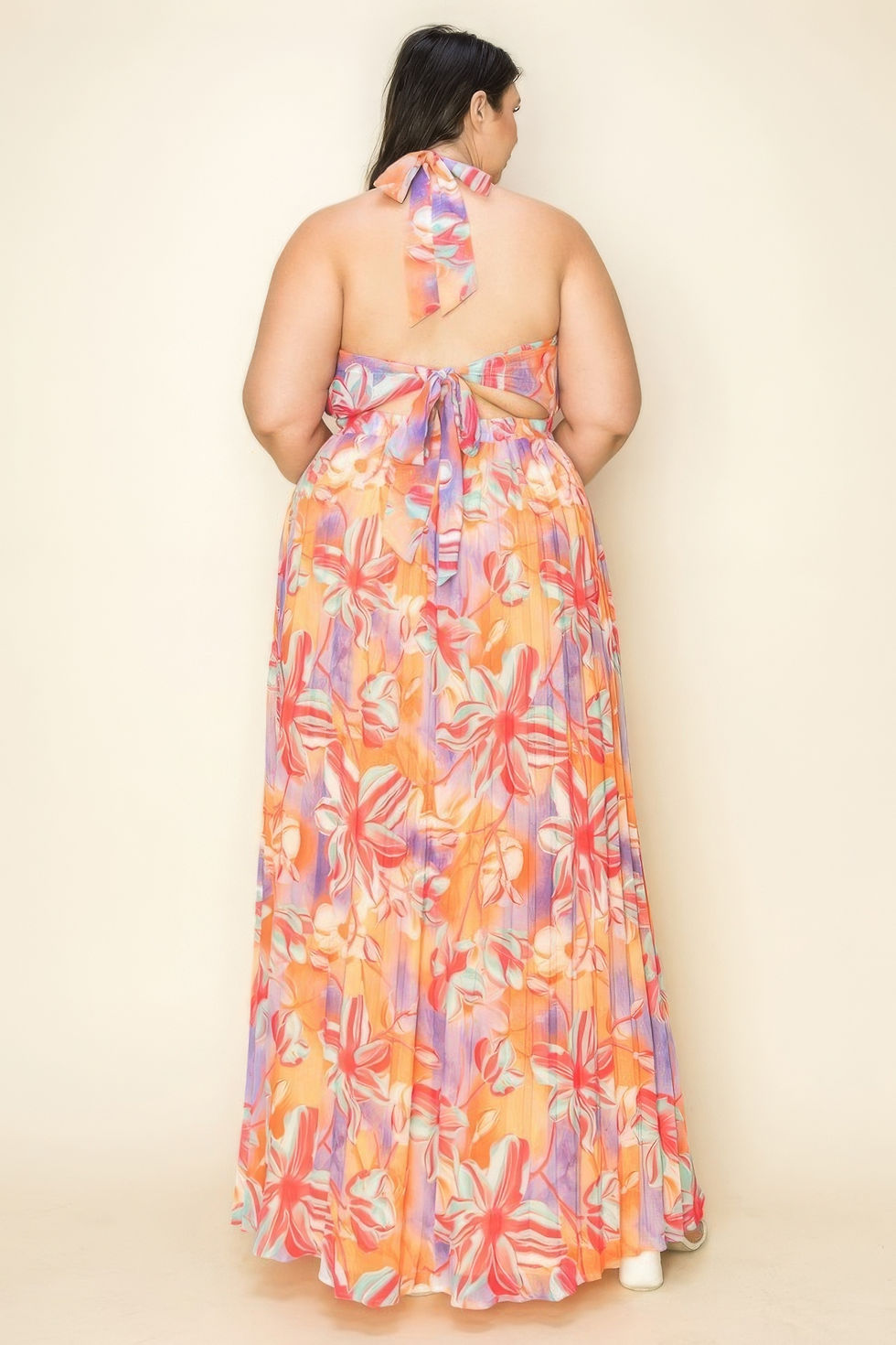 Thumbnail: Chiffon Printed Pleated Cross Halter Key Hole Front Smocked Waist Maxi Dress