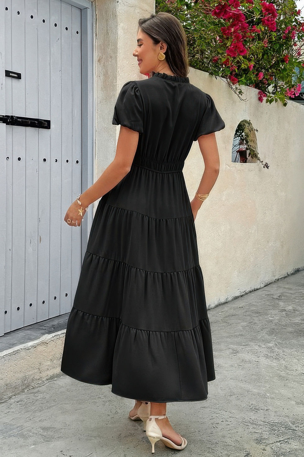 Thumbnail: Solid V Neck Color Block Elastic Waist Dress