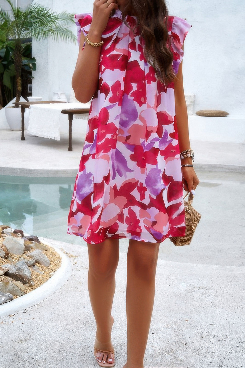 Thumbnail: Floral Print Elegant Sleeveless Ruffle A Line Dress