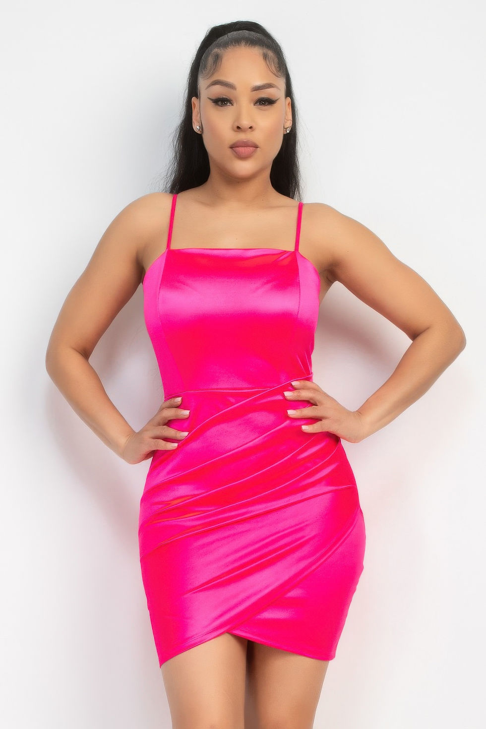 Thumbnail: Overlapping Hem Shirred Satin Dress
