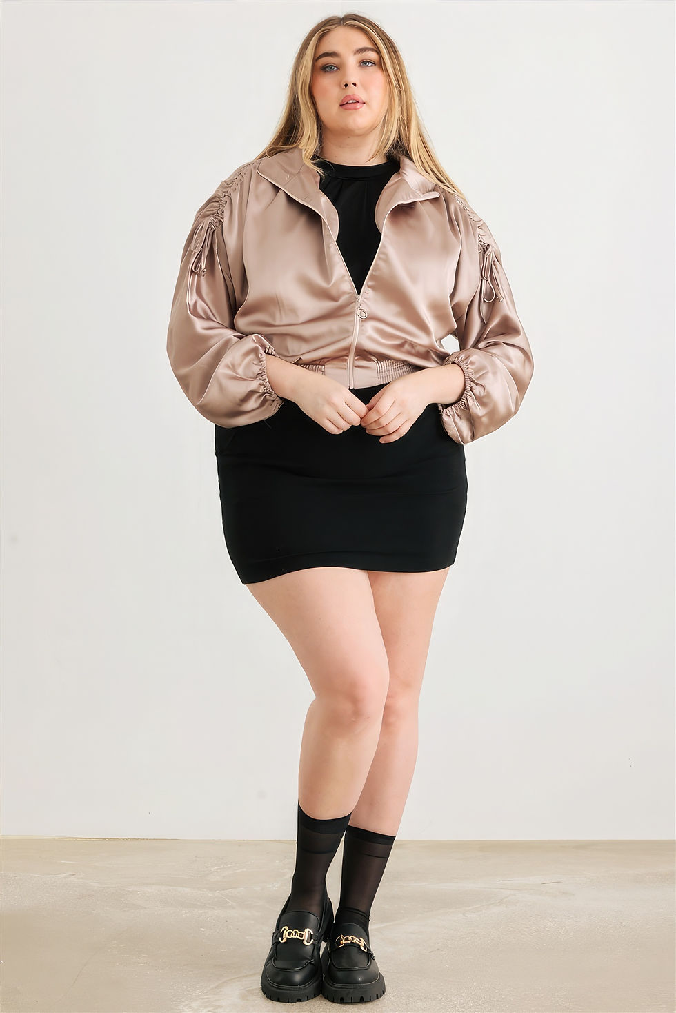 Thumbnail: Plus Satin Zip-up Ruched Long Sleeve Cropped Bomber Jacket