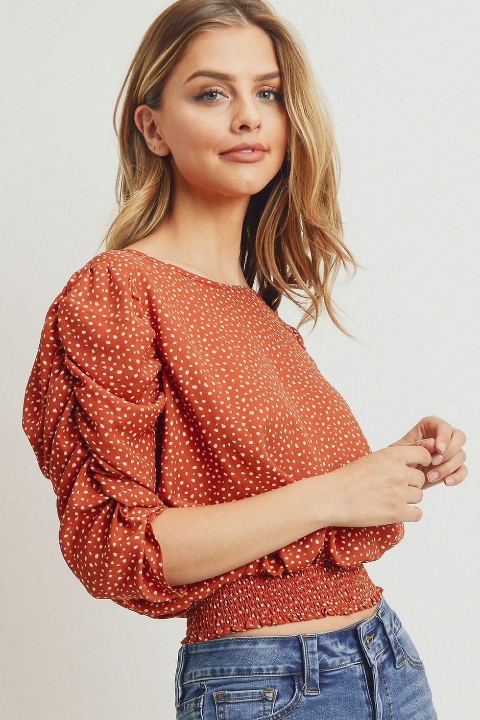 Thumbnail: Smocked Band Top With Shirring Puff Sleeve