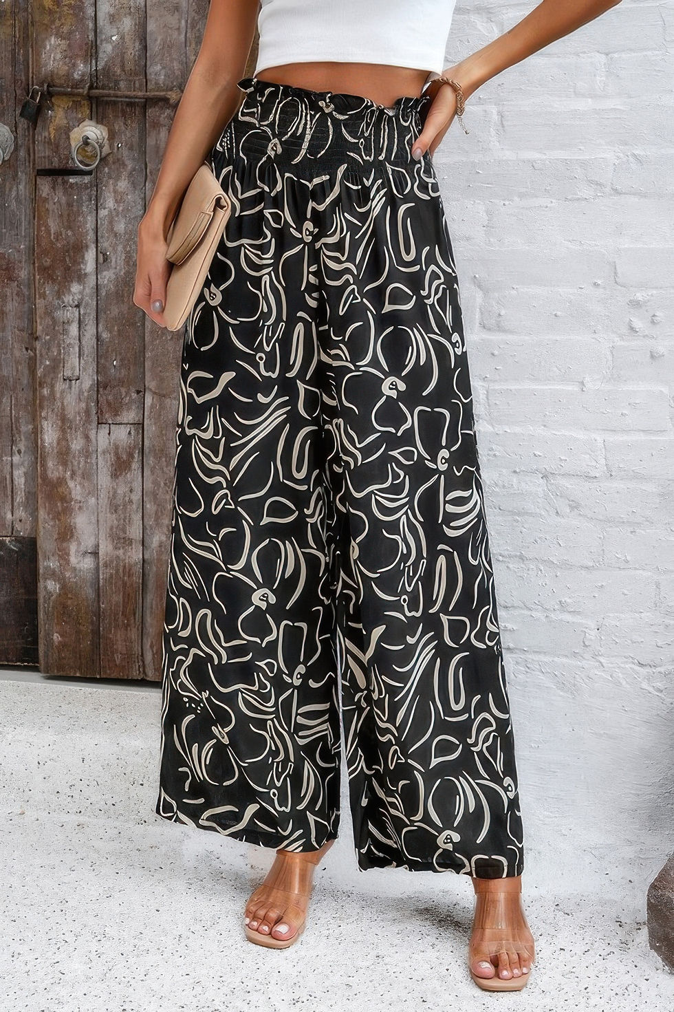 Thumbnail: Allover Print Folded Frill Wide Leg High Waist Pant