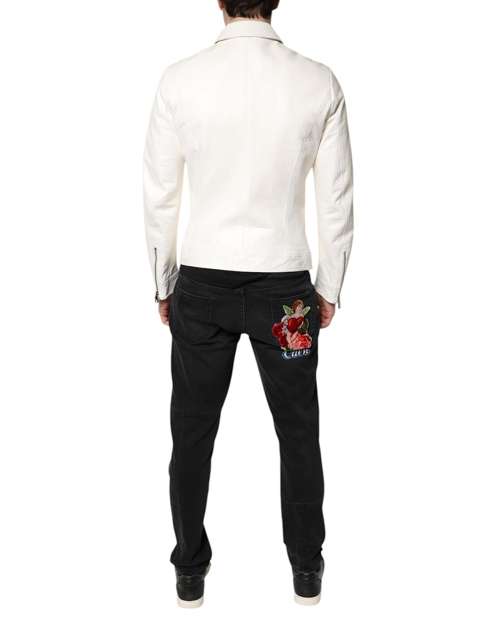 Thumbnail: Dolce & Gabbana White Collared Full Zip Biker Coat Jacket