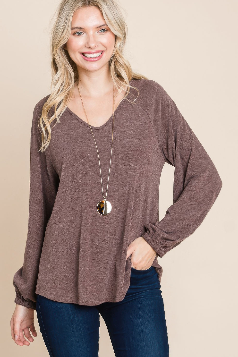 Thumbnail: Casual V Neck Basic Long Sleeve Top      