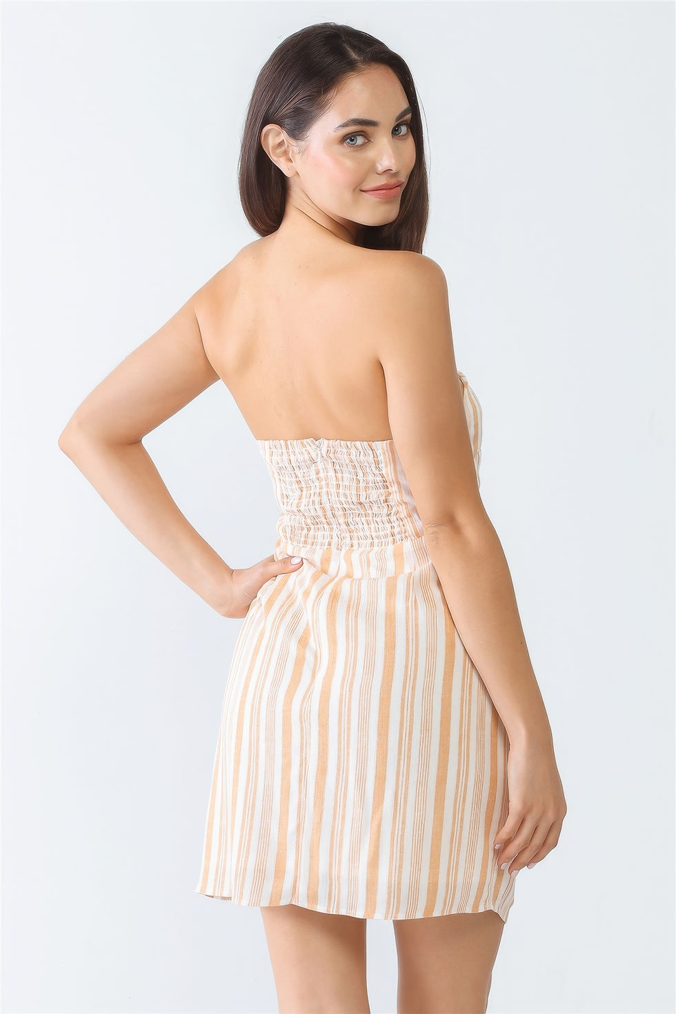 Thumbnail: White & Apricot Stripe Print Strapless Twist Cut-out Smocked Back Mini Dress