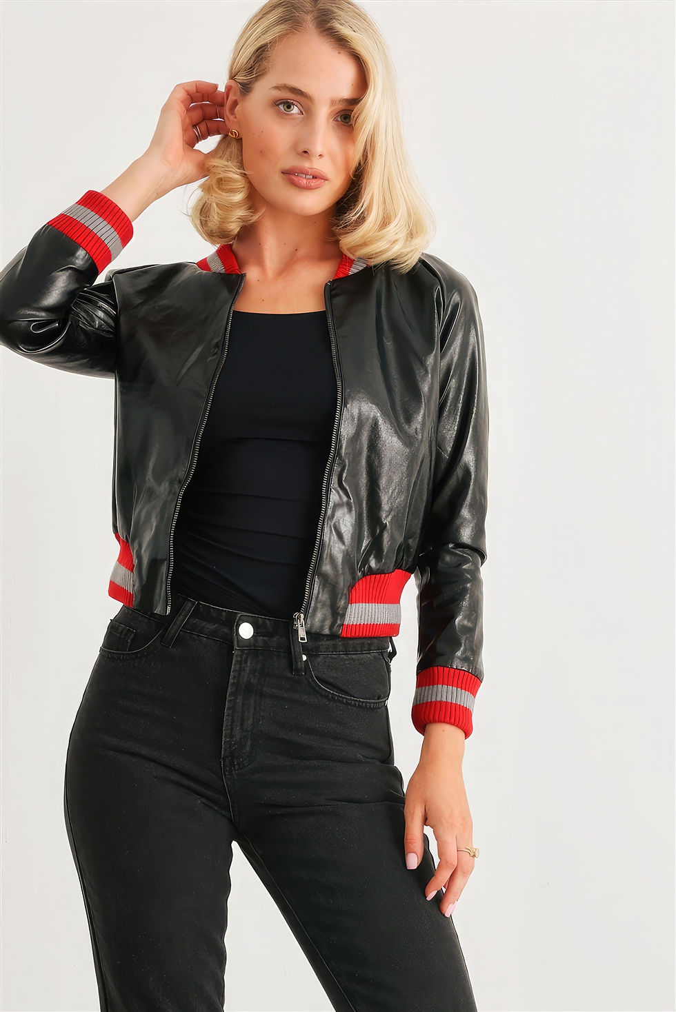 Thumbnail: Black & Red Ribbed Vegan Leather Bomber Jacket