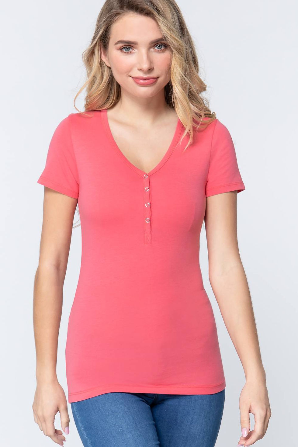 Thumbnail: Short Slv V-neck Henley Knit Top