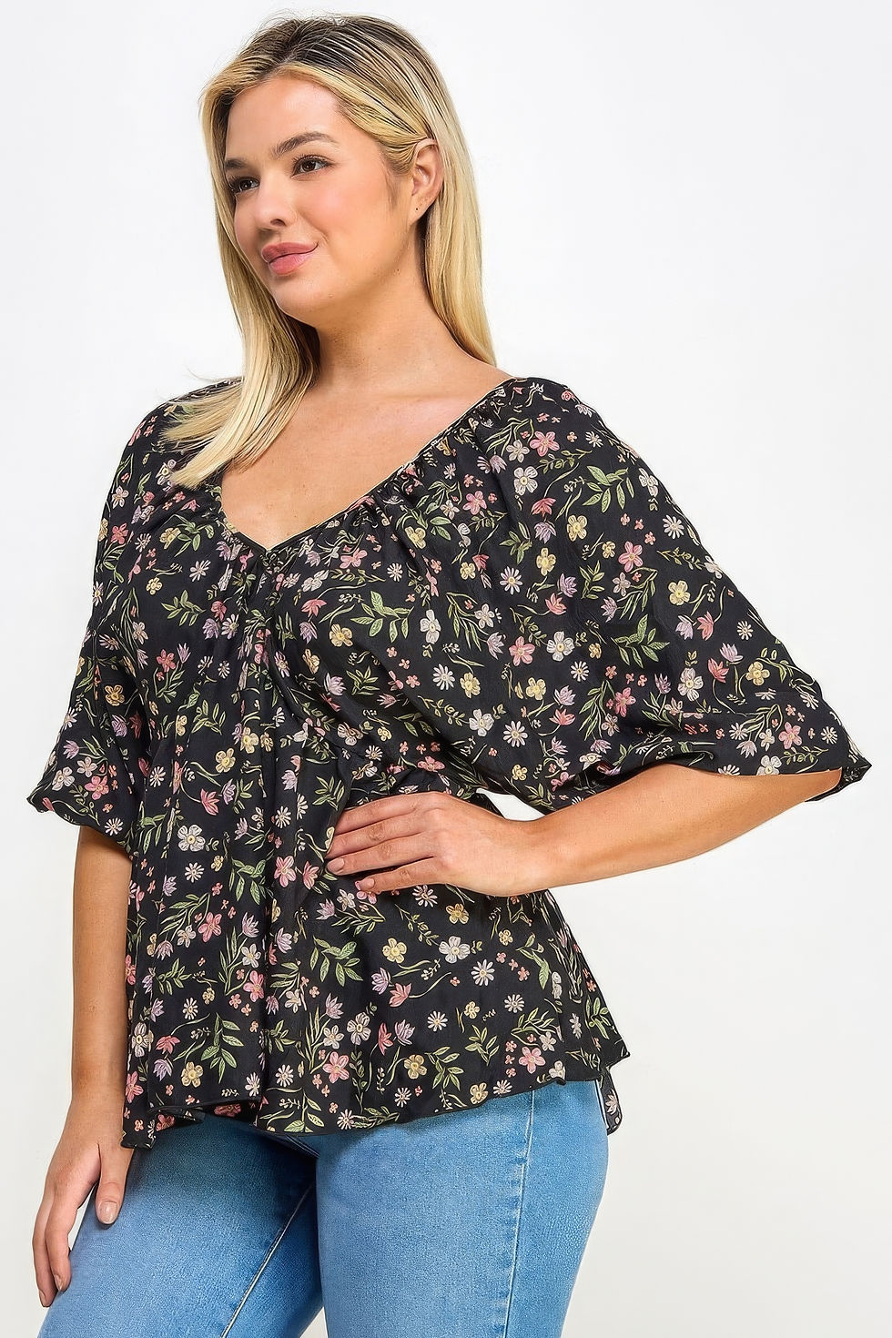 Thumbnail: Floral V-neck Babydoll Balloon Slv Top