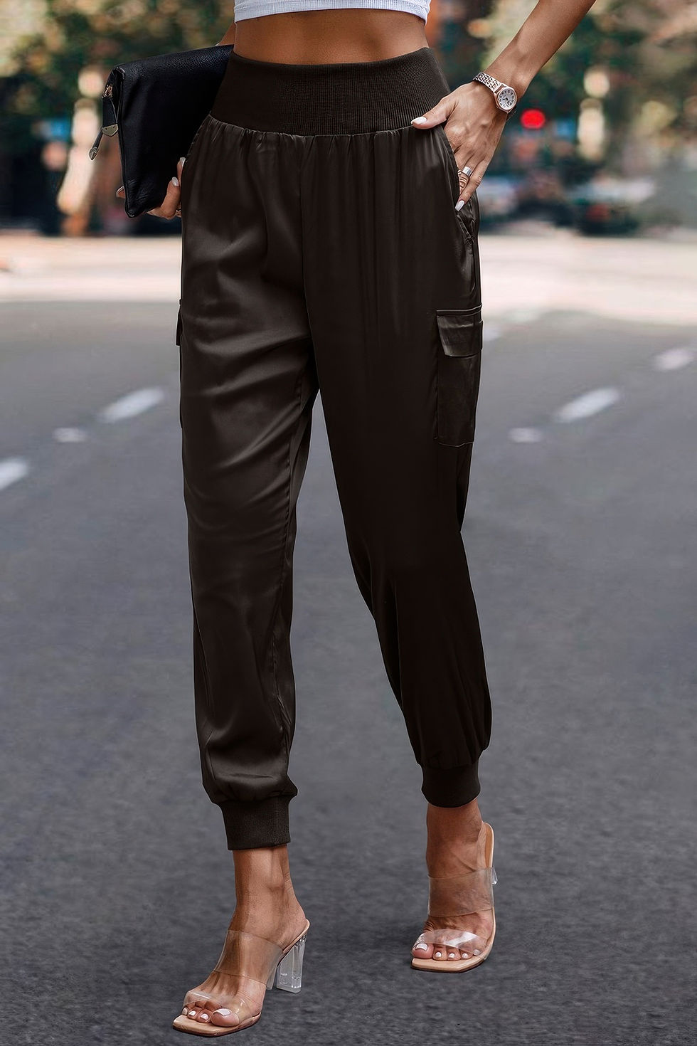 Thumbnail: High Waist Trousers Pocket Satin Jogger Pants