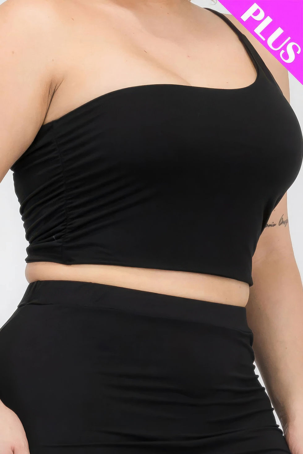 Thumbnail: Plus Size One Shoulder Ruched Crop Top & Mini Skirt Set