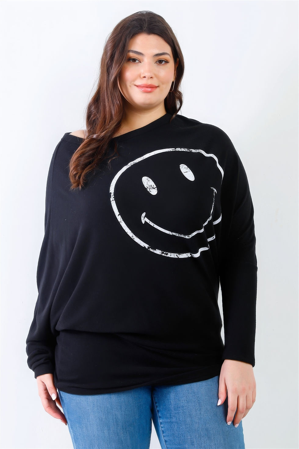 Thumbnail: Plus Smile Front Print Flannel Dolman Sleeve Top