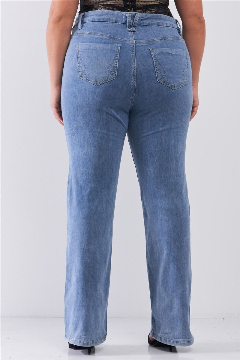 Thumbnail: Plus Mid-wash Blue Denim Low-rise Wide-leg Upsized Basic Dad Jeans
