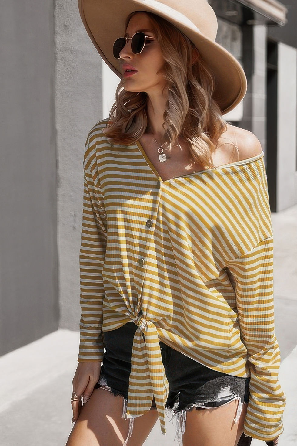 Thumbnail: V Neck Short Sleeve Striped Tunic Shirt