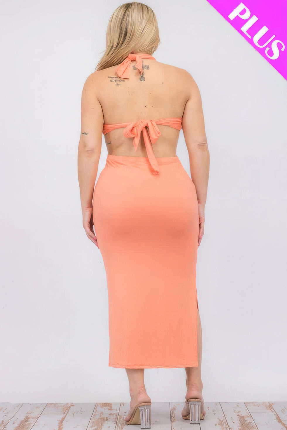 Thumbnail: Plus Size Cut-out Halter Neck Double Back Tie Split Thigh Midi Dress