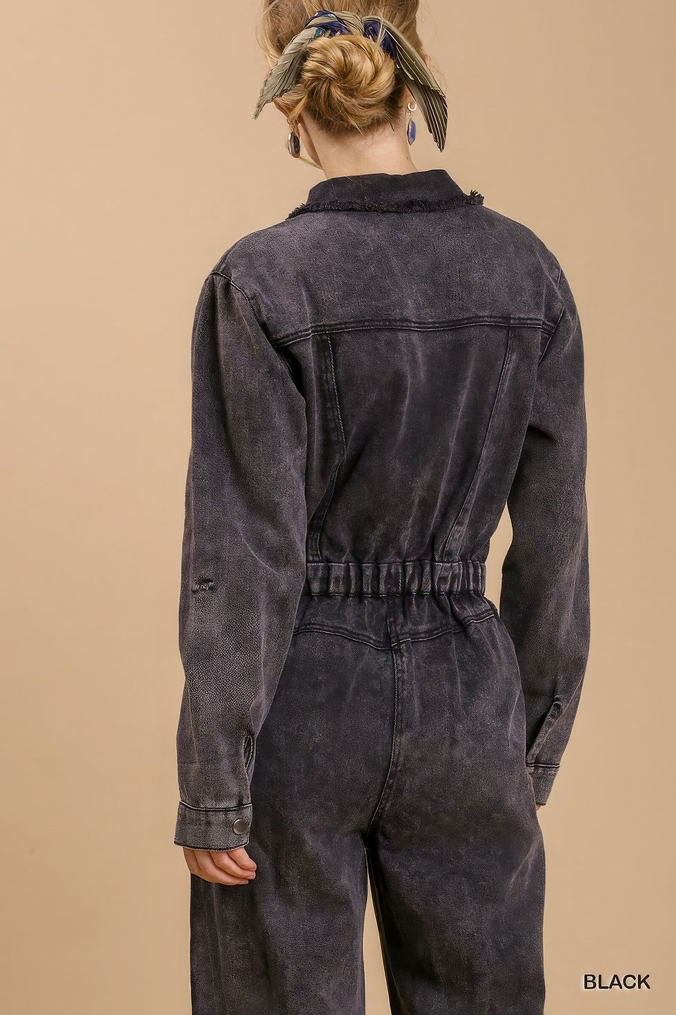 Thumbnail: Mid button down stone wash wide leg distressed jumpsuit & side pockets with ...