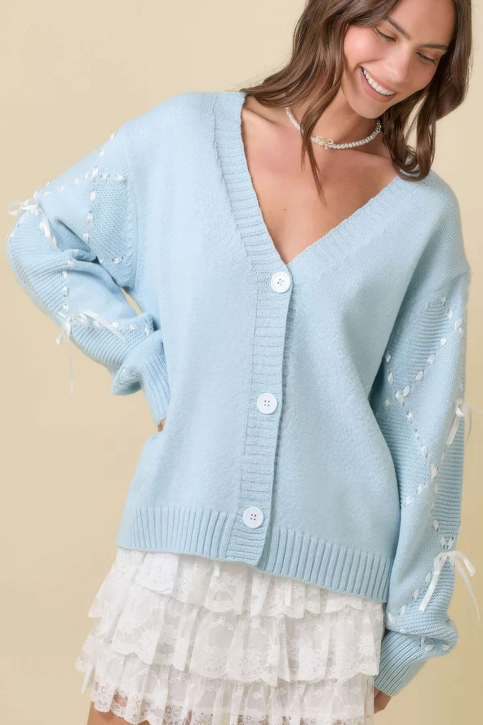 Thumbnail: Hand Sewn Satin Ribbon Detail On Sleeve Cardigan
