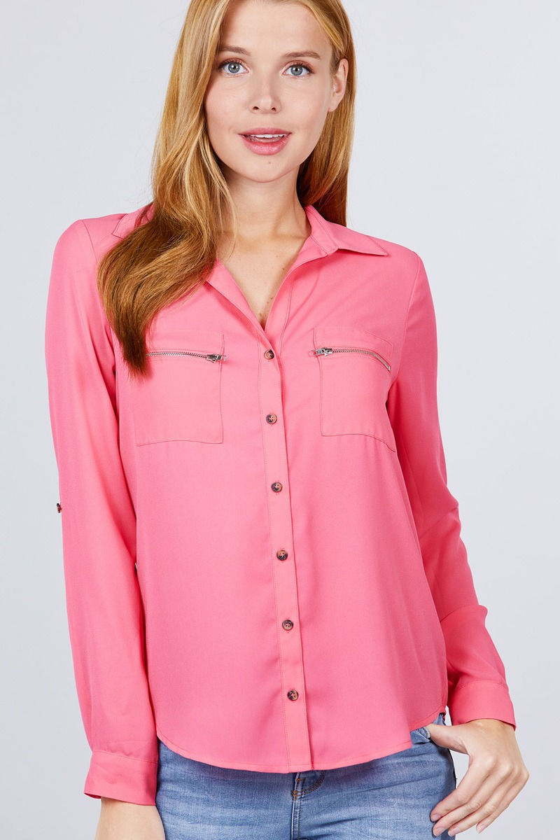 Thumbnail: 3/4 Roll Up Sleeve Pocket W/zipper Detail Woven Blouse