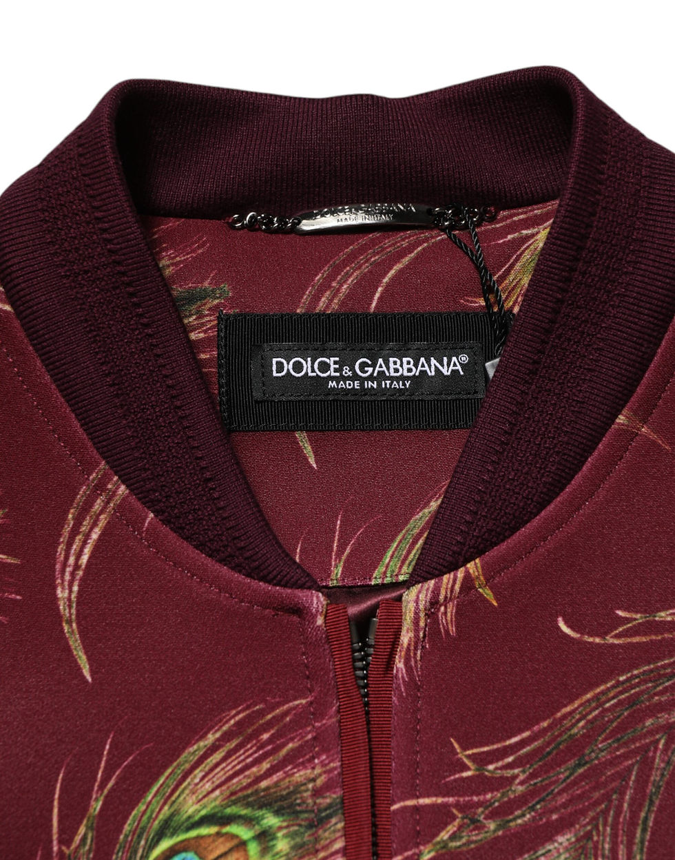 Thumbnail: Dolce & Gabbana Maroon Peacock Feather Print Bomber Jacket