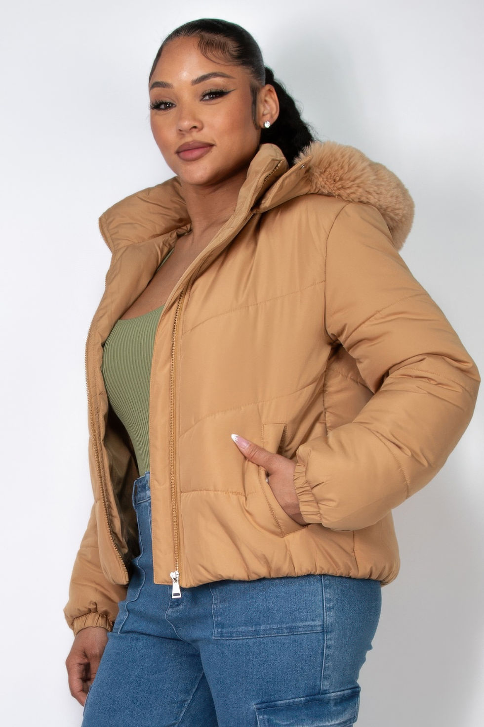 Thumbnail: Insulated Zip-up Faux Fur Hooded Jacket 
