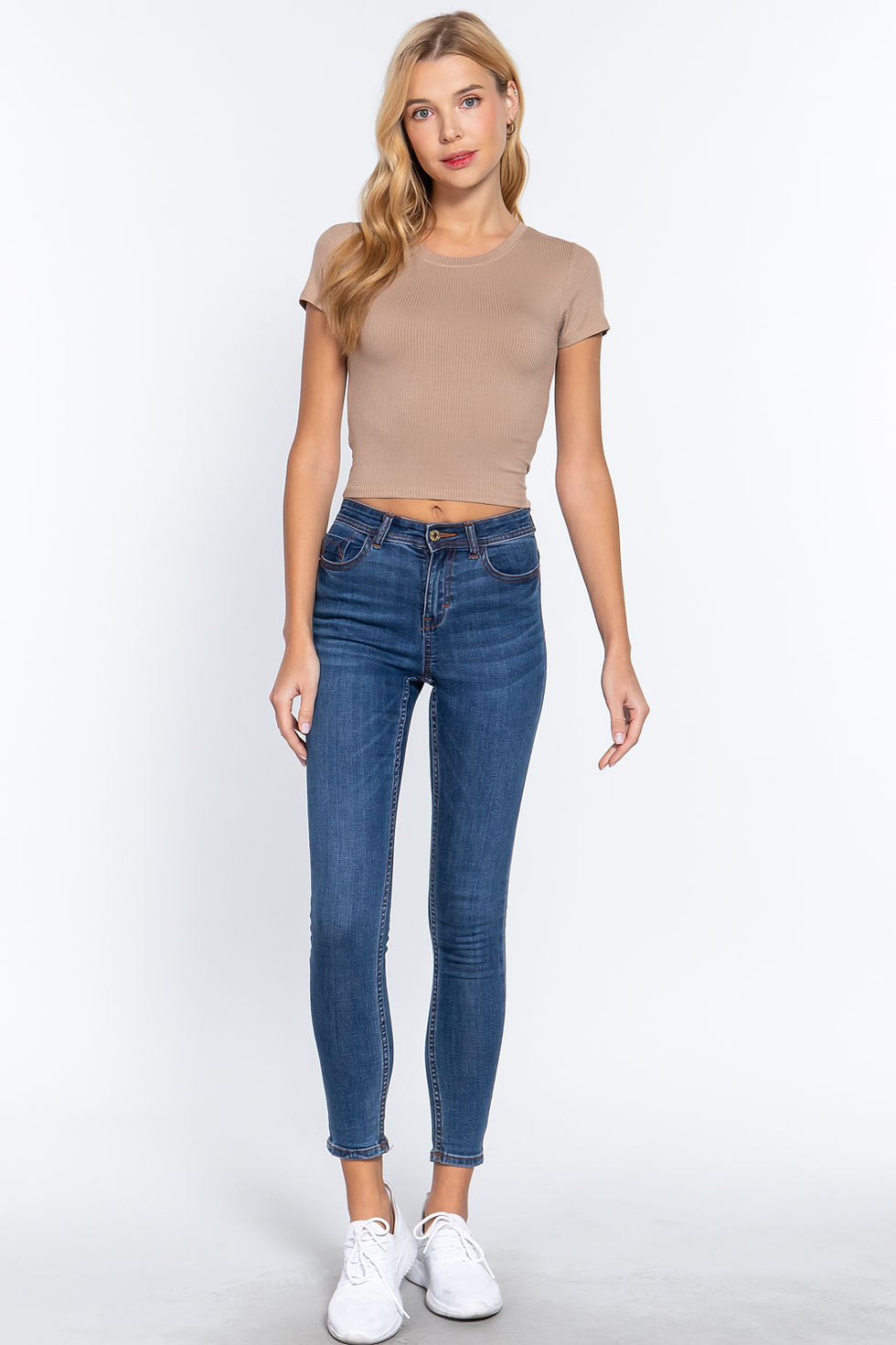 Thumbnail: Short Sleeve Crew Neck Rib Crop Top