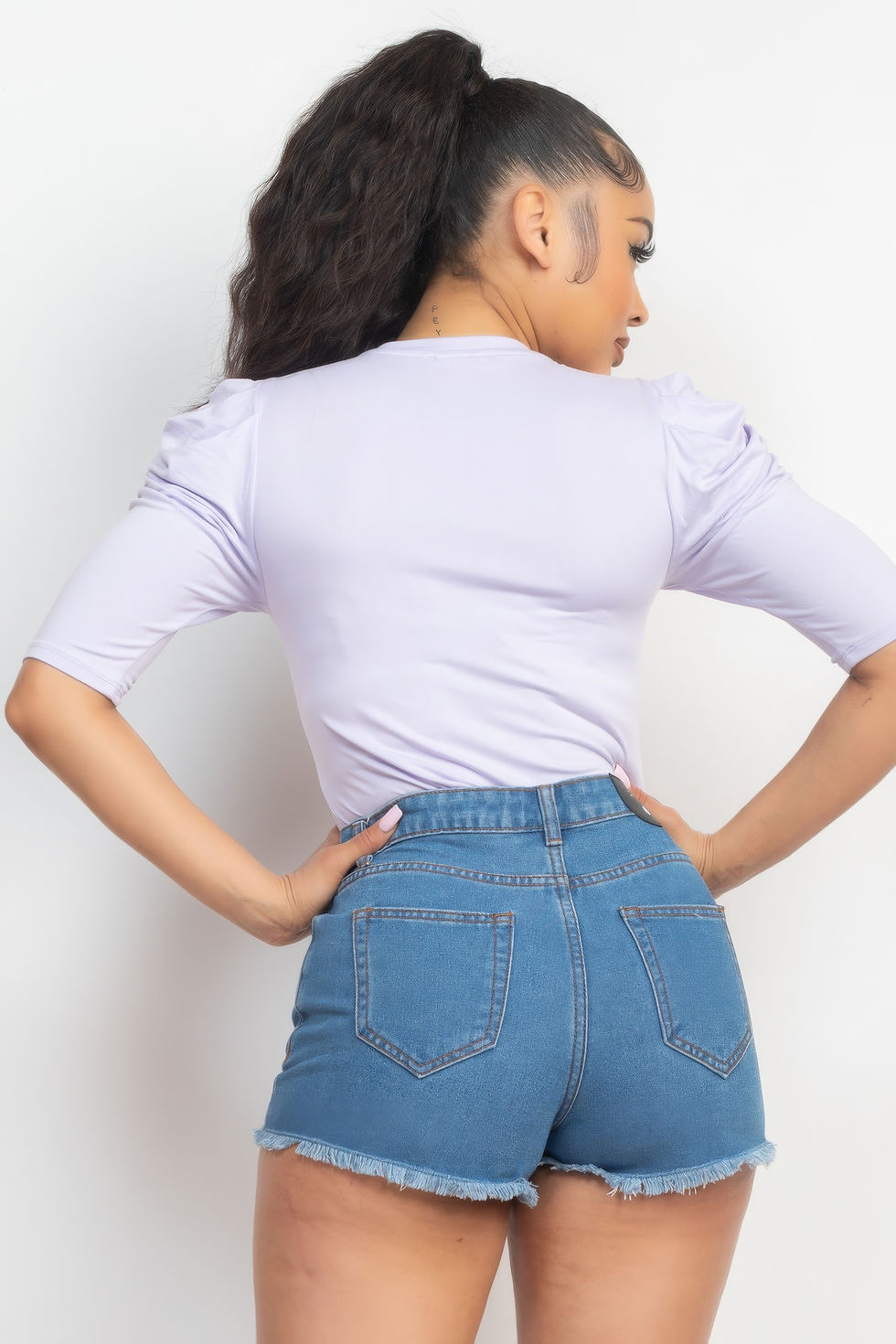 Thumbnail: Round Neck Puff Ruched Sleeve Top