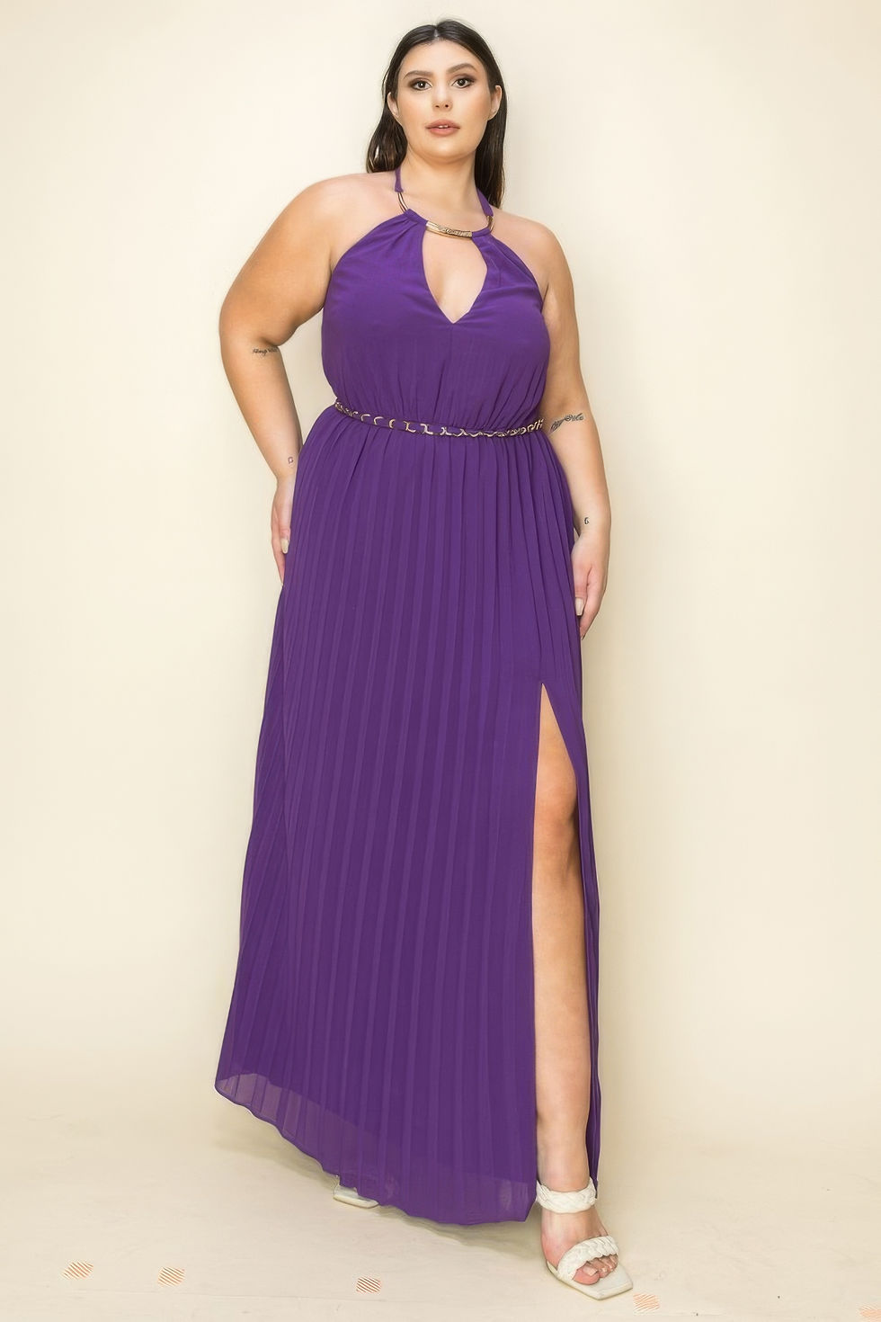 Thumbnail: Chiffon Pleated Gold Trim Neck & Belt Cut Out Chest Maxi Dress