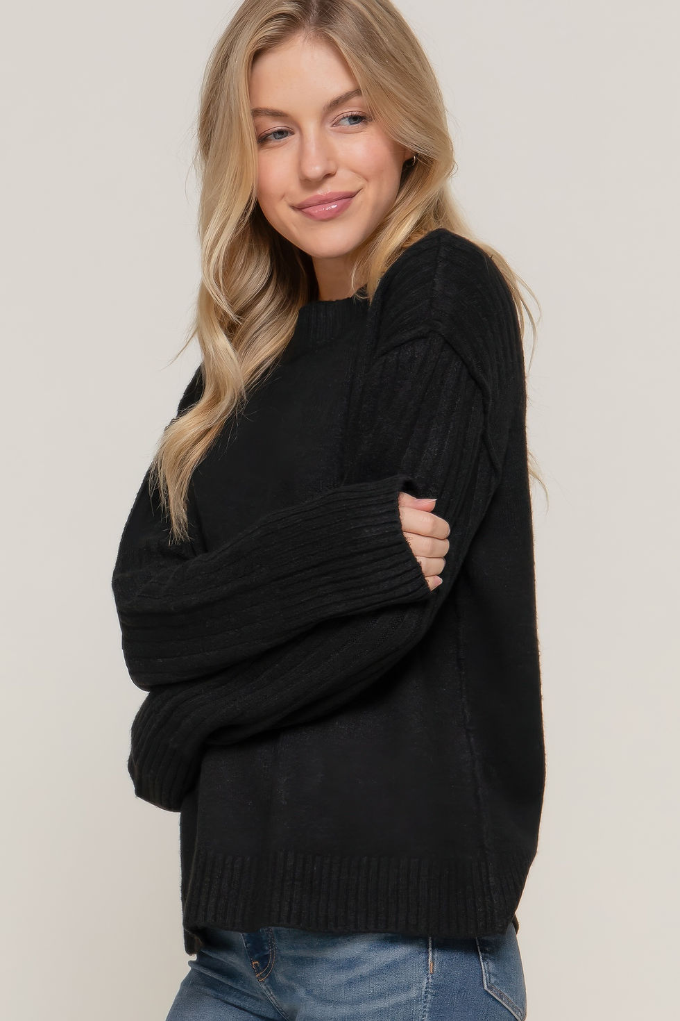Thumbnail: Long Slv Mock Neck Raised Seam Sweater     