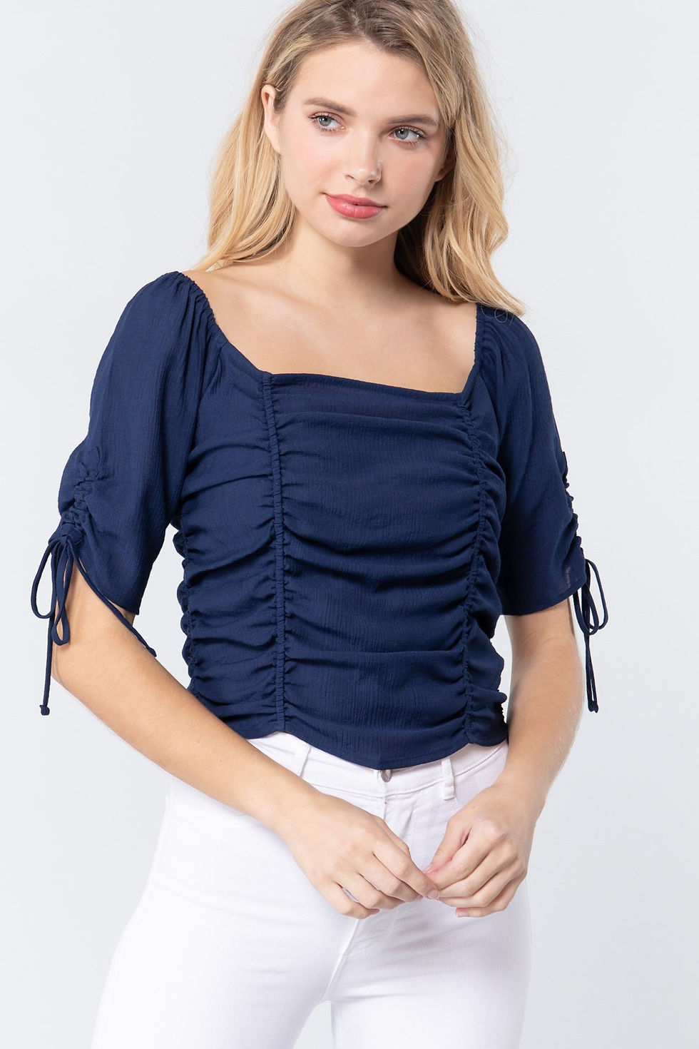 Thumbnail: Elbow Slv Smocked Ruched Woven Top