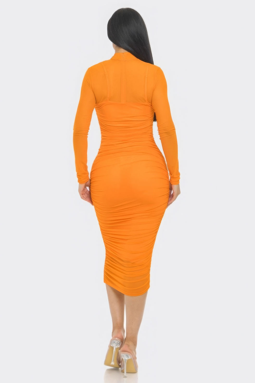 Thumbnail: Solid Mesh Ruched Midi Dress