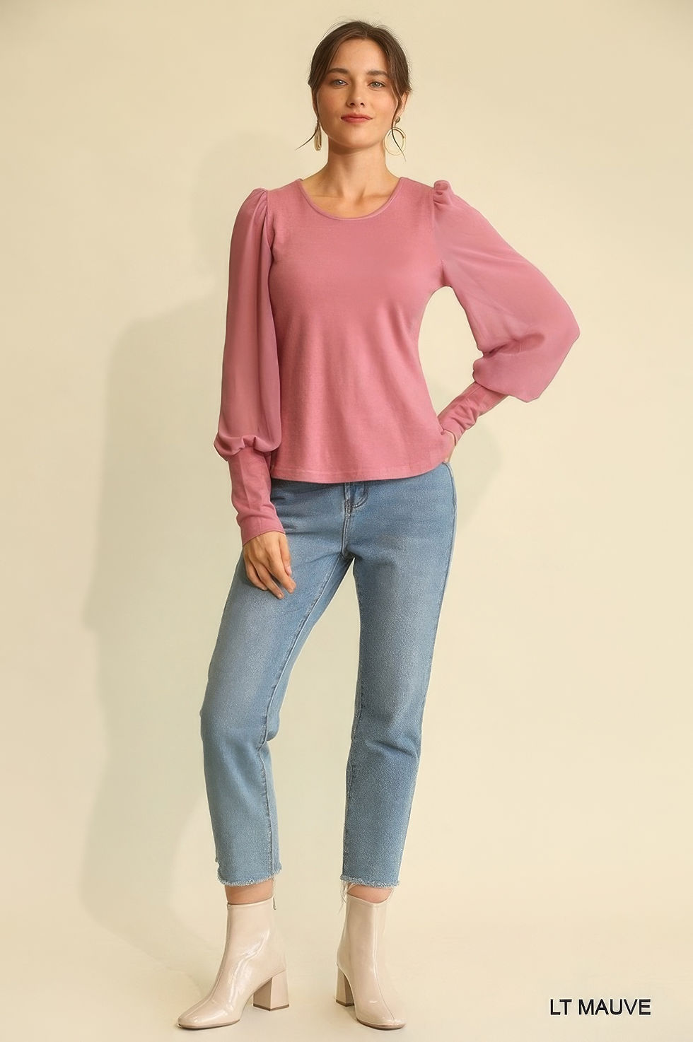 Thumbnail: Solid Knit And Chiffon Mixed Top With Puff Long Sleeve
