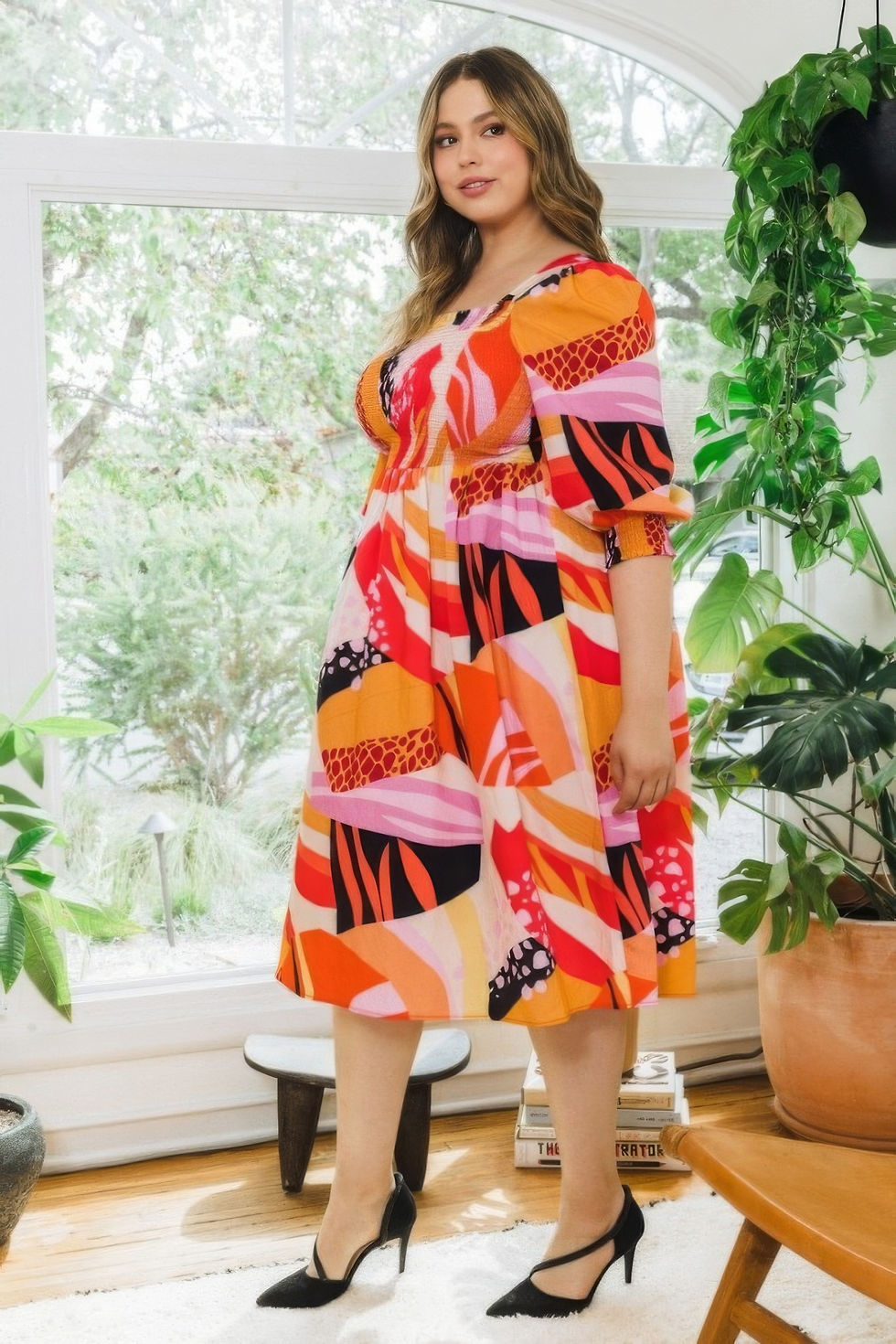 Thumbnail: Plus Floral Print Square Neckline Midi Dress