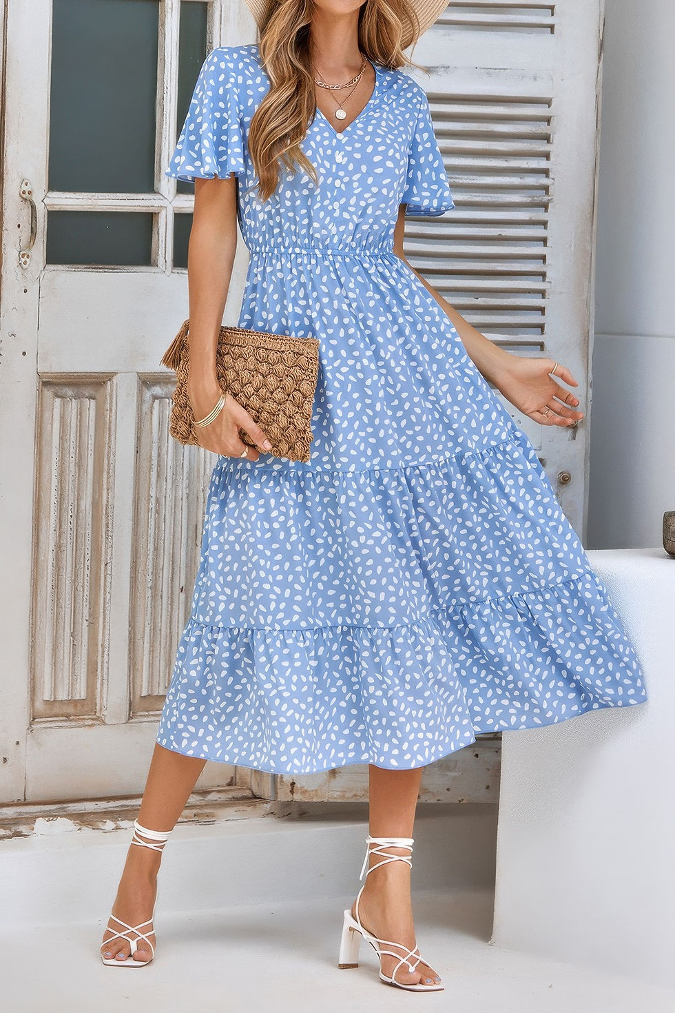 Thumbnail: V Neck Ruffles Tiered Sleeve Smocked Midi Dress