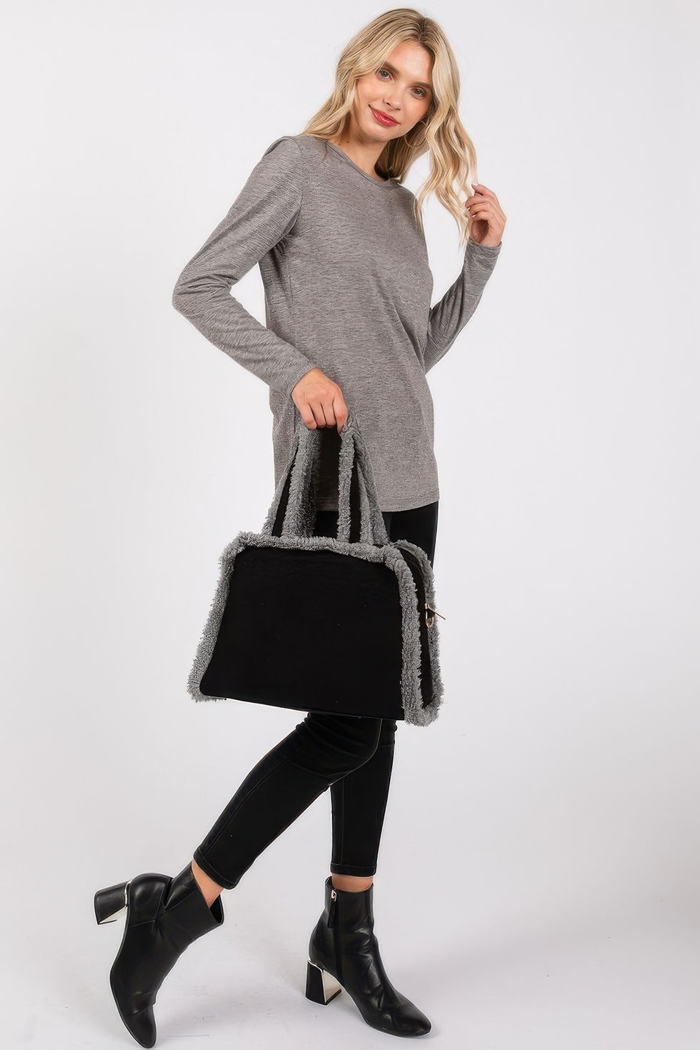 Thumbnail: Fleece Trimmed Solid Tote And Crossbody Bag