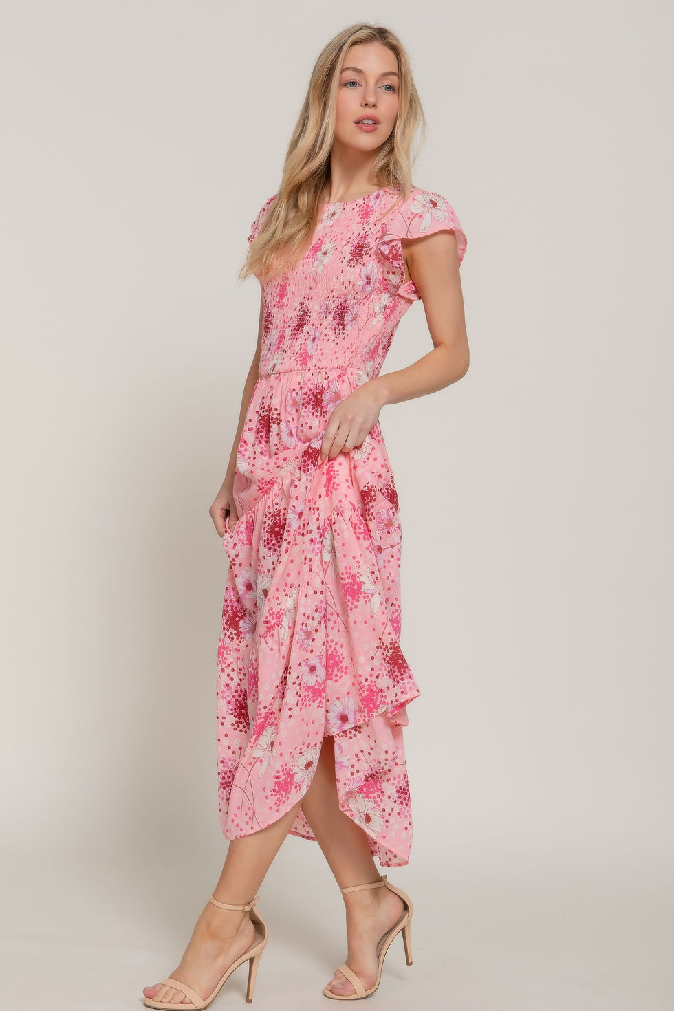 Thumbnail: Ruffl Slv Smocked Floral Print Dresss         