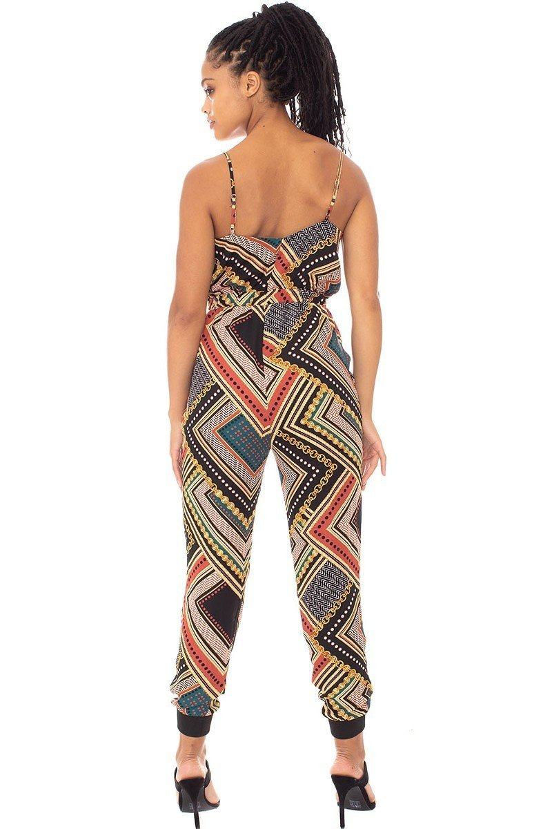 Thumbnail: Boarder Print Wrap Drawstring Waist Jumpsuit