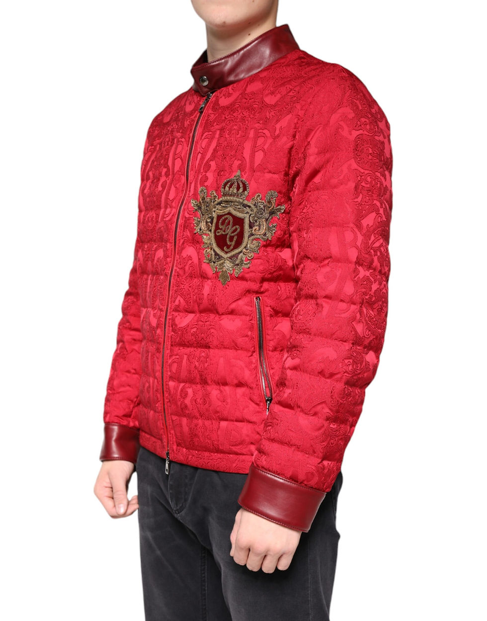 Thumbnail: Dolce & Gabbana Red Quilted Bomber Gold Crown Logo Jacket