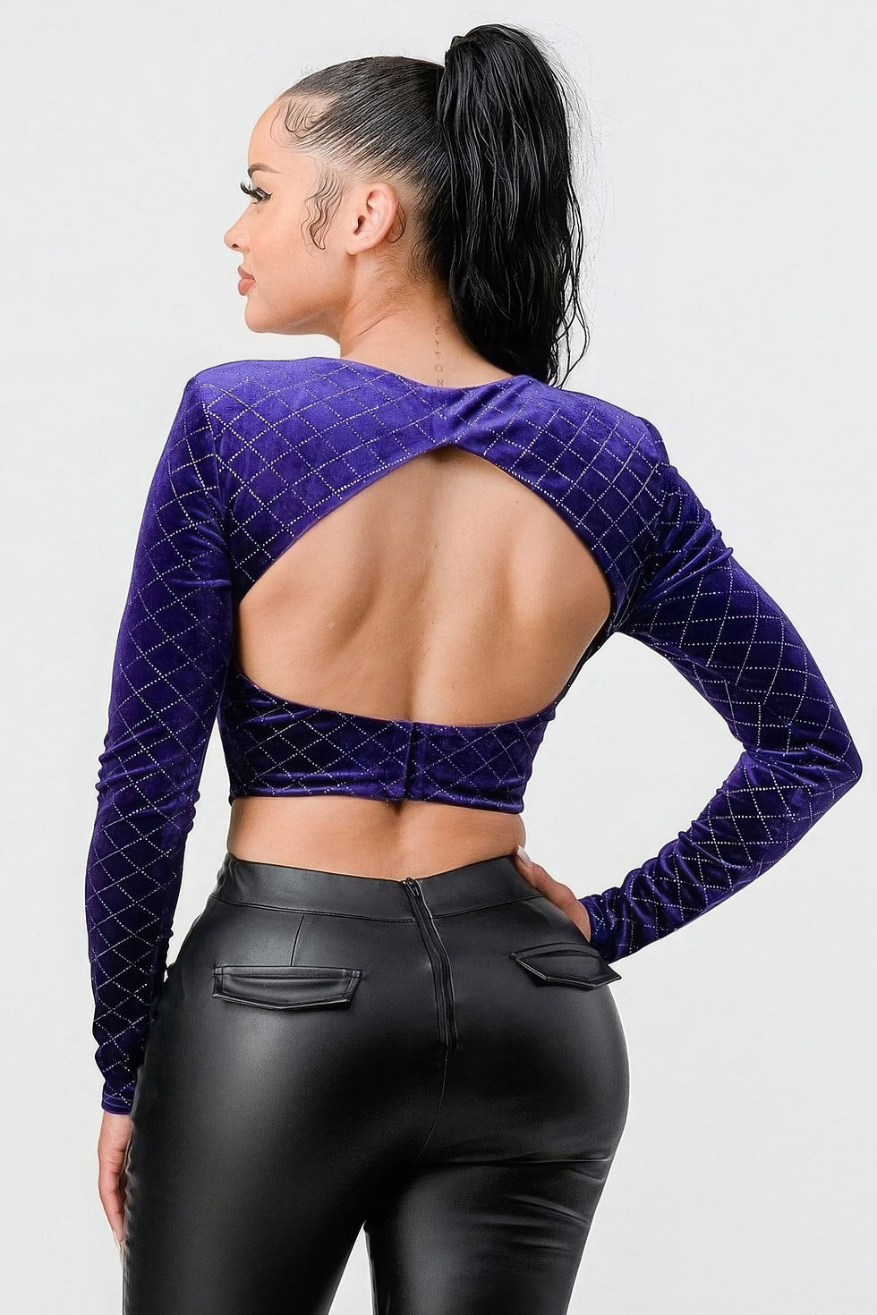 Thumbnail: Lux Diamon Velvet Buttons Open Back Square Neck Long Sleeves Cropped Top