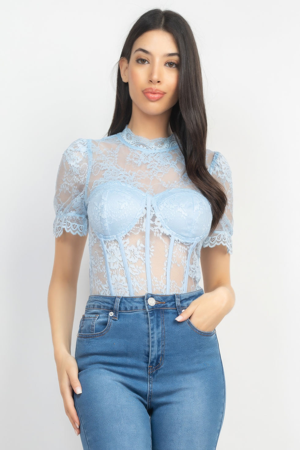Thumbnail: Floral Lace Corset Keyhole Bodysuit