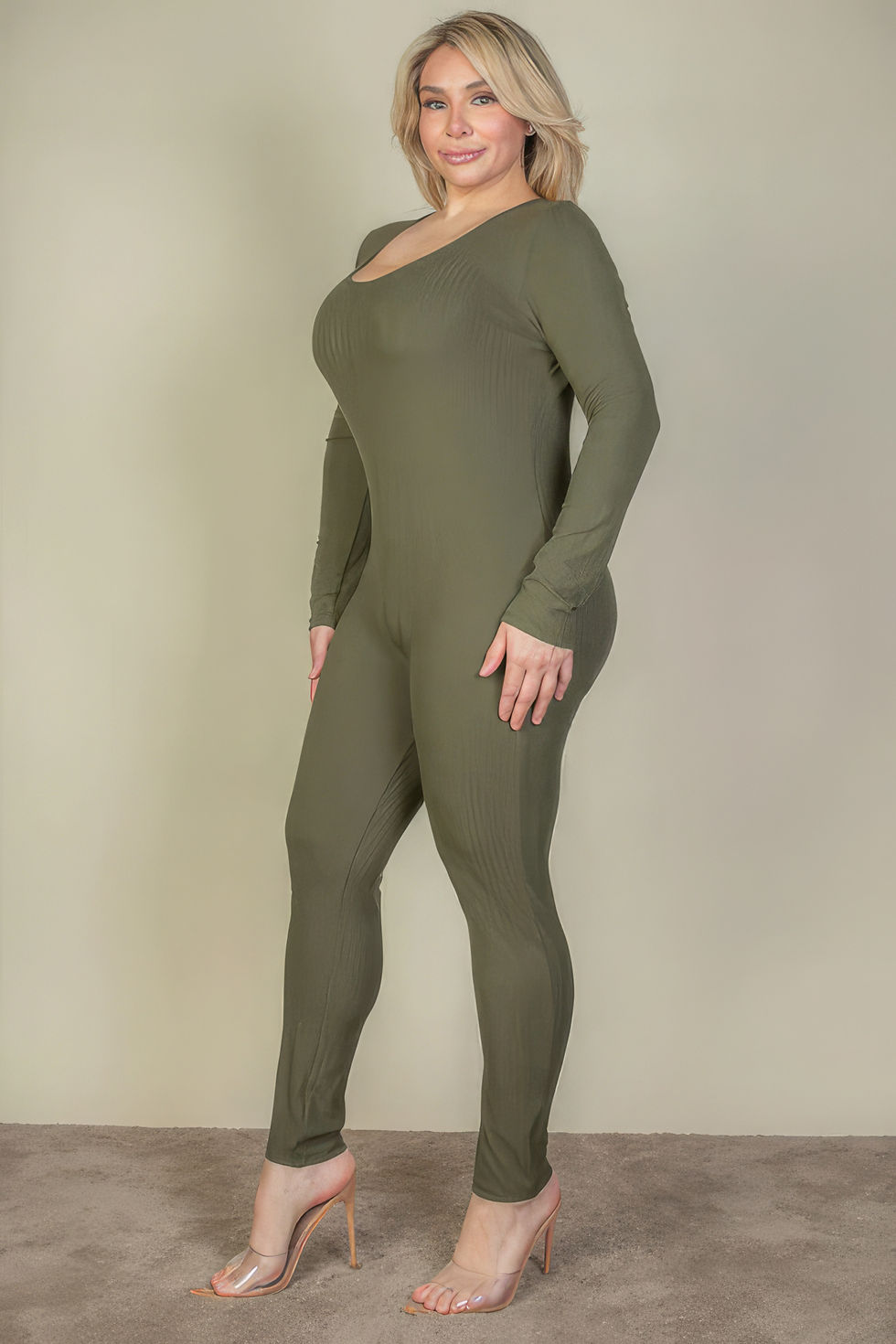 Thumbnail: Plus Size Ribbed Scoop Neck Long Sleeve Jumpsuit