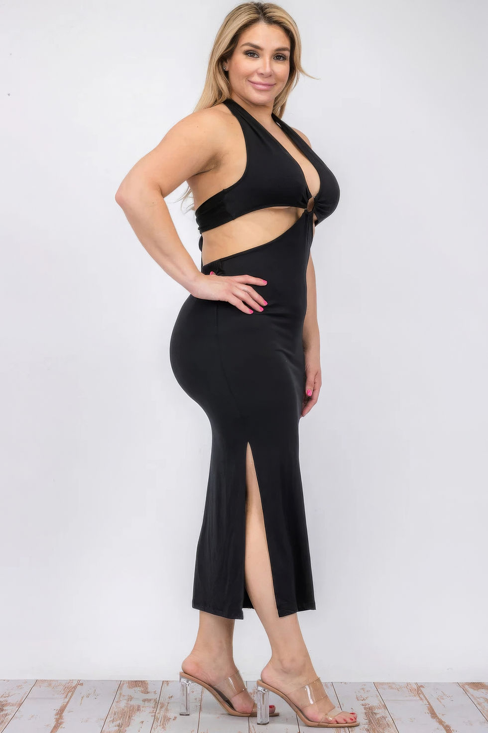 Thumbnail: Plus Size Cut-out Halter Neck Double Back Tie Split Thigh Midi Dress