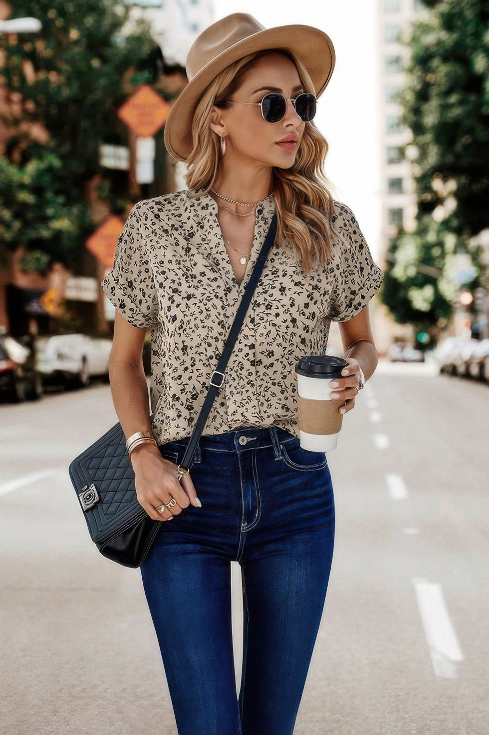 Thumbnail: V Neck Floral Print Batwing Sleeve Blouse