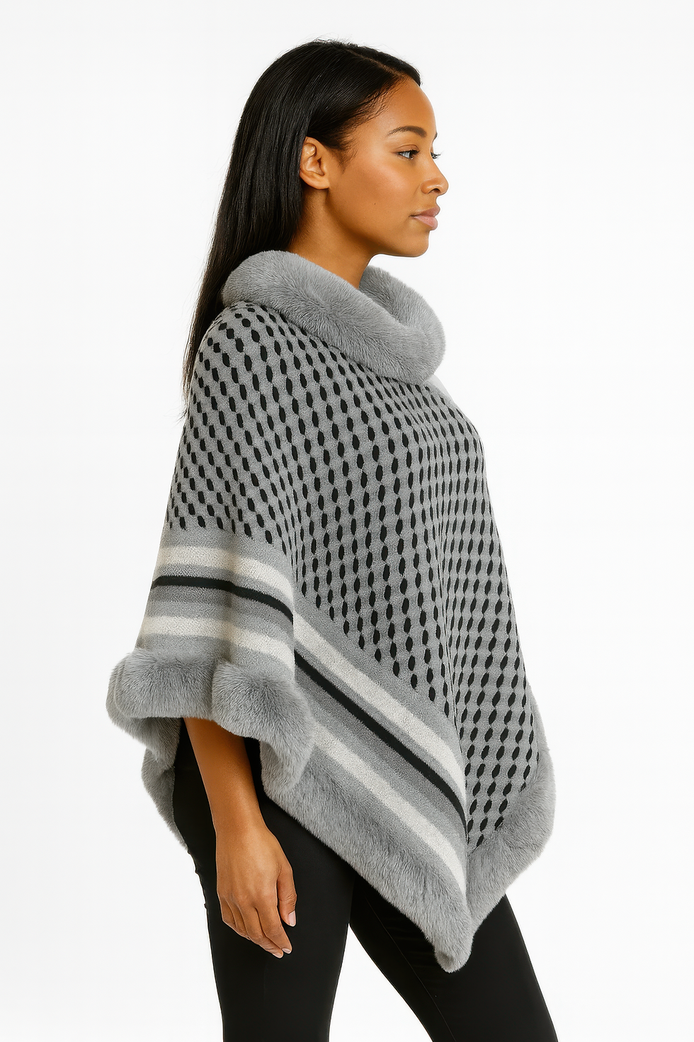 Thumbnail: Patterned Knit Poncho With Faux Fur Trim