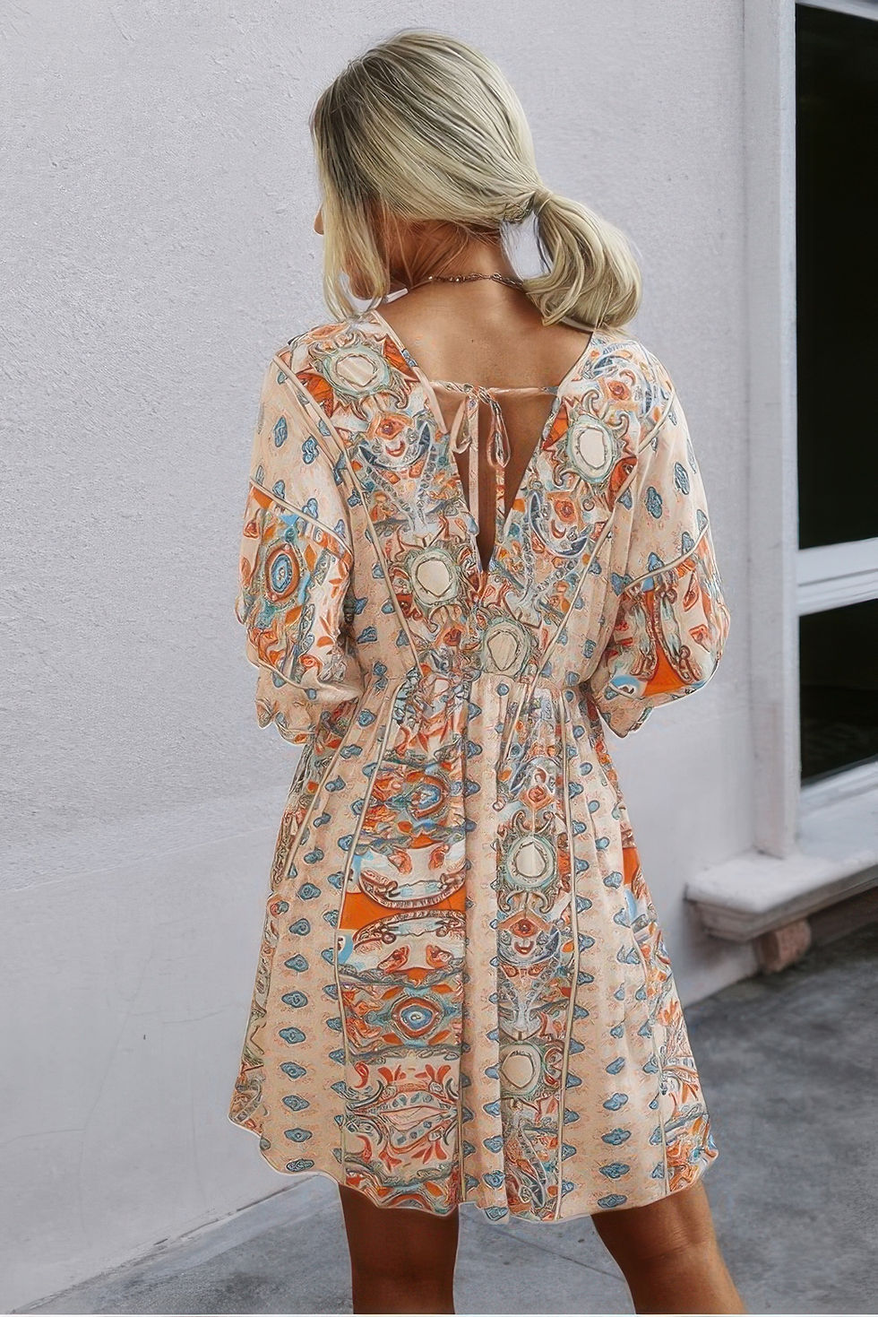 Thumbnail: Boho Print Wrap Neck Tie Back Pleated Hem Dress