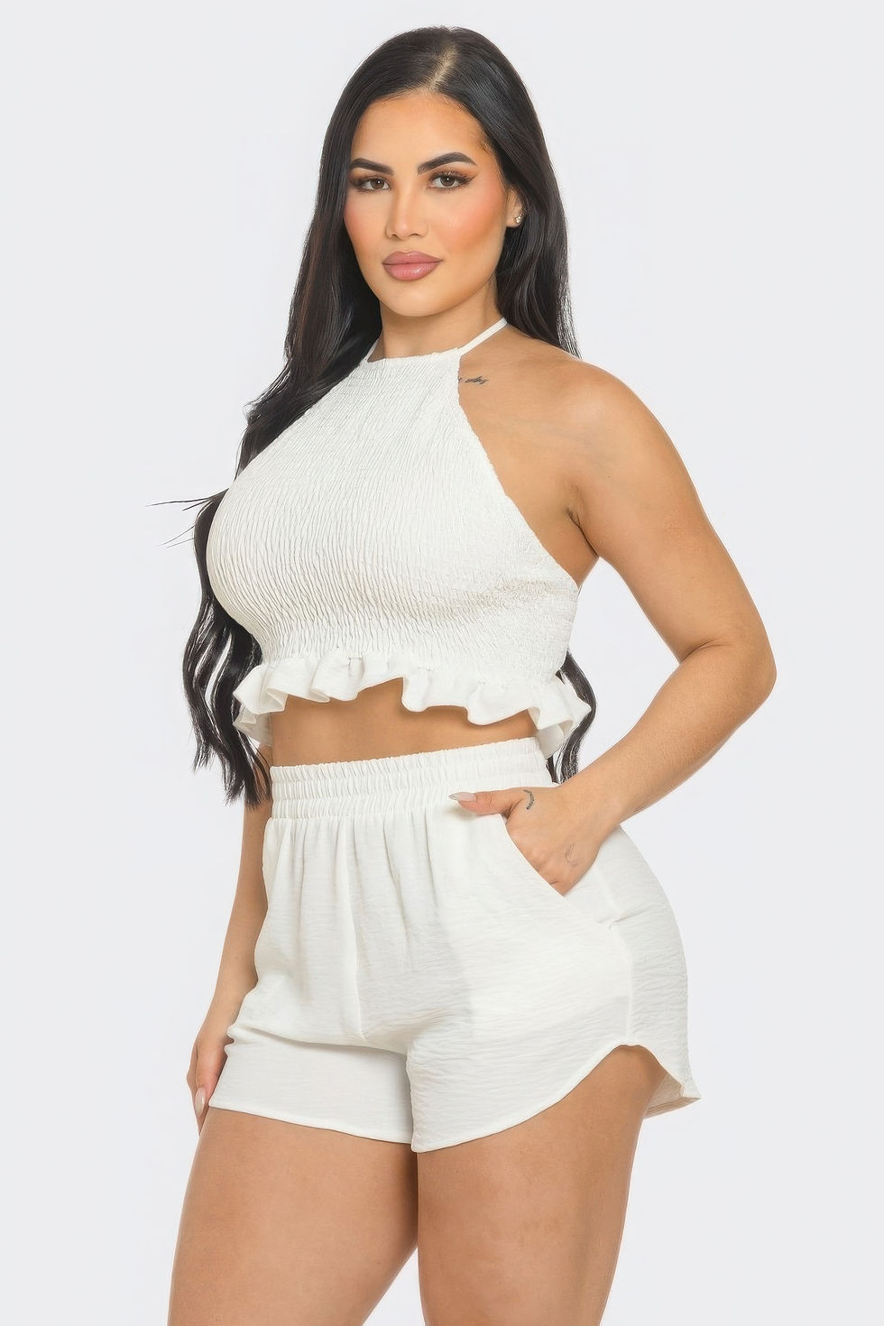 Thumbnail: Front Smocking Detail Halter Top And Shorts Set