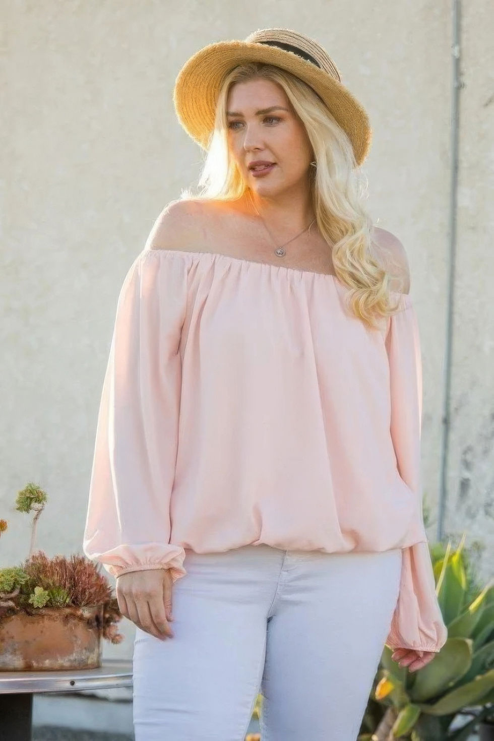 Thumbnail: Off Shoulder Long Bubble Sleeve Solid Top