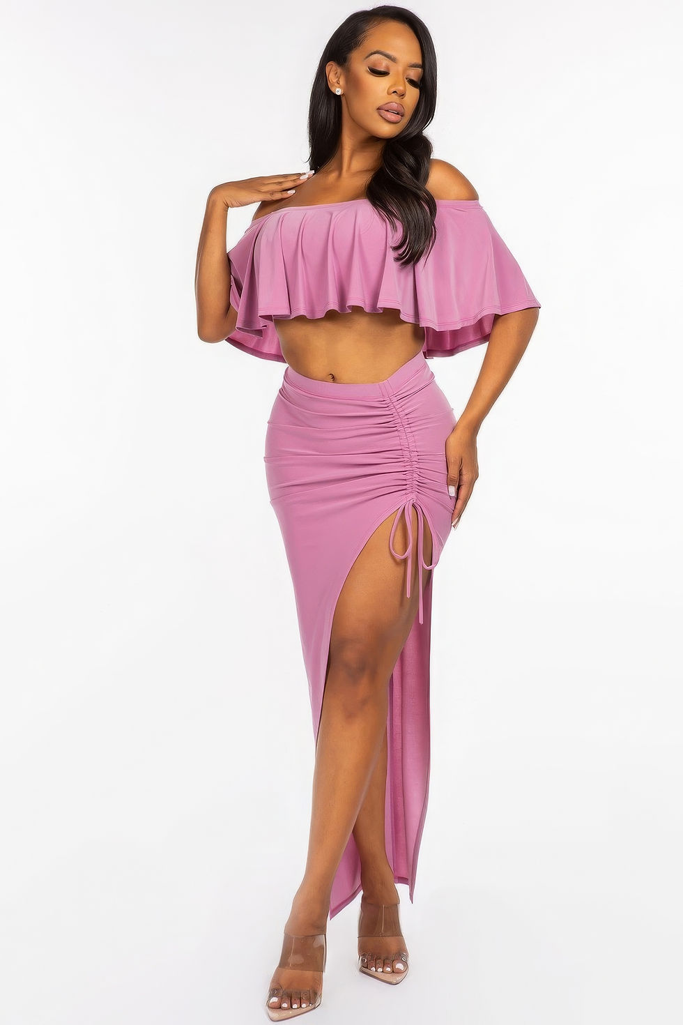 Thumbnail: Solid Ity Off The Shoulder Ruffled Cropped Top And Ruched Maxi Skirt Two Pie...