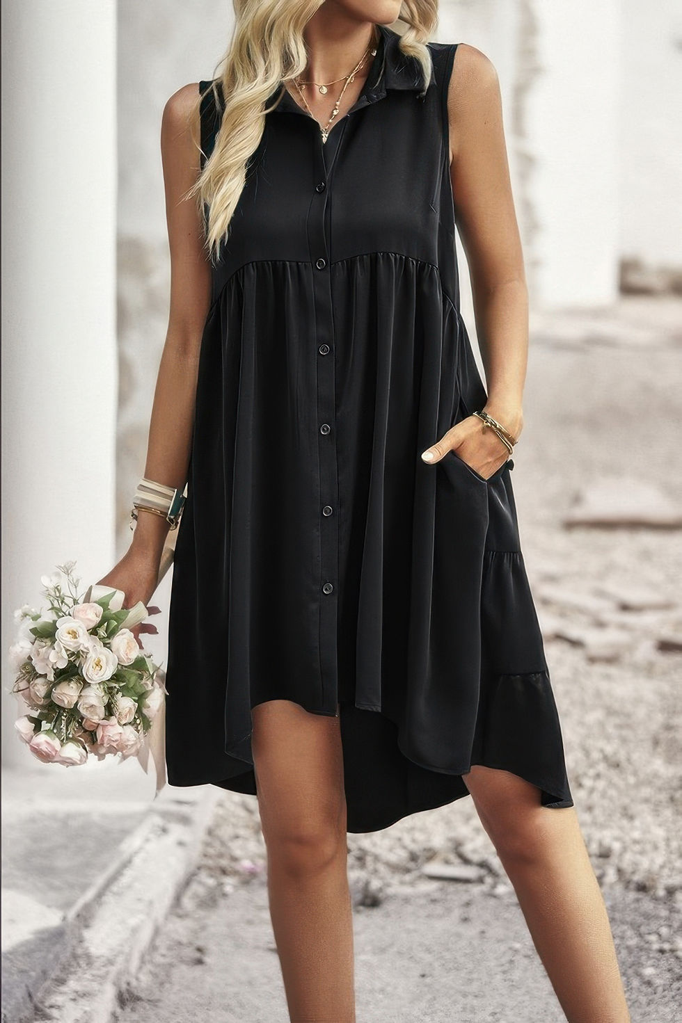 Thumbnail: Sleeveless Solid Peplum Shirt Dress